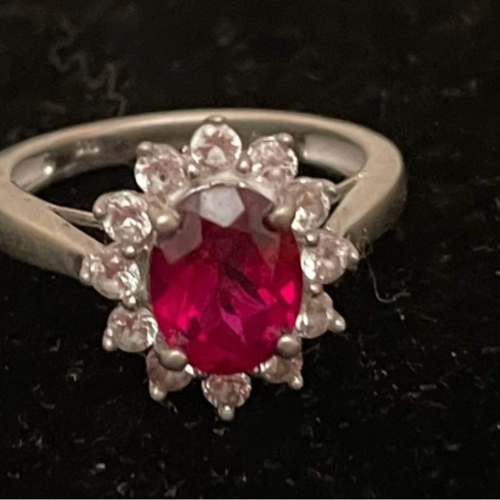 Size 7.25 marked solid silver (925 Italy) 5 carat Halo cut ruby & diamond ring